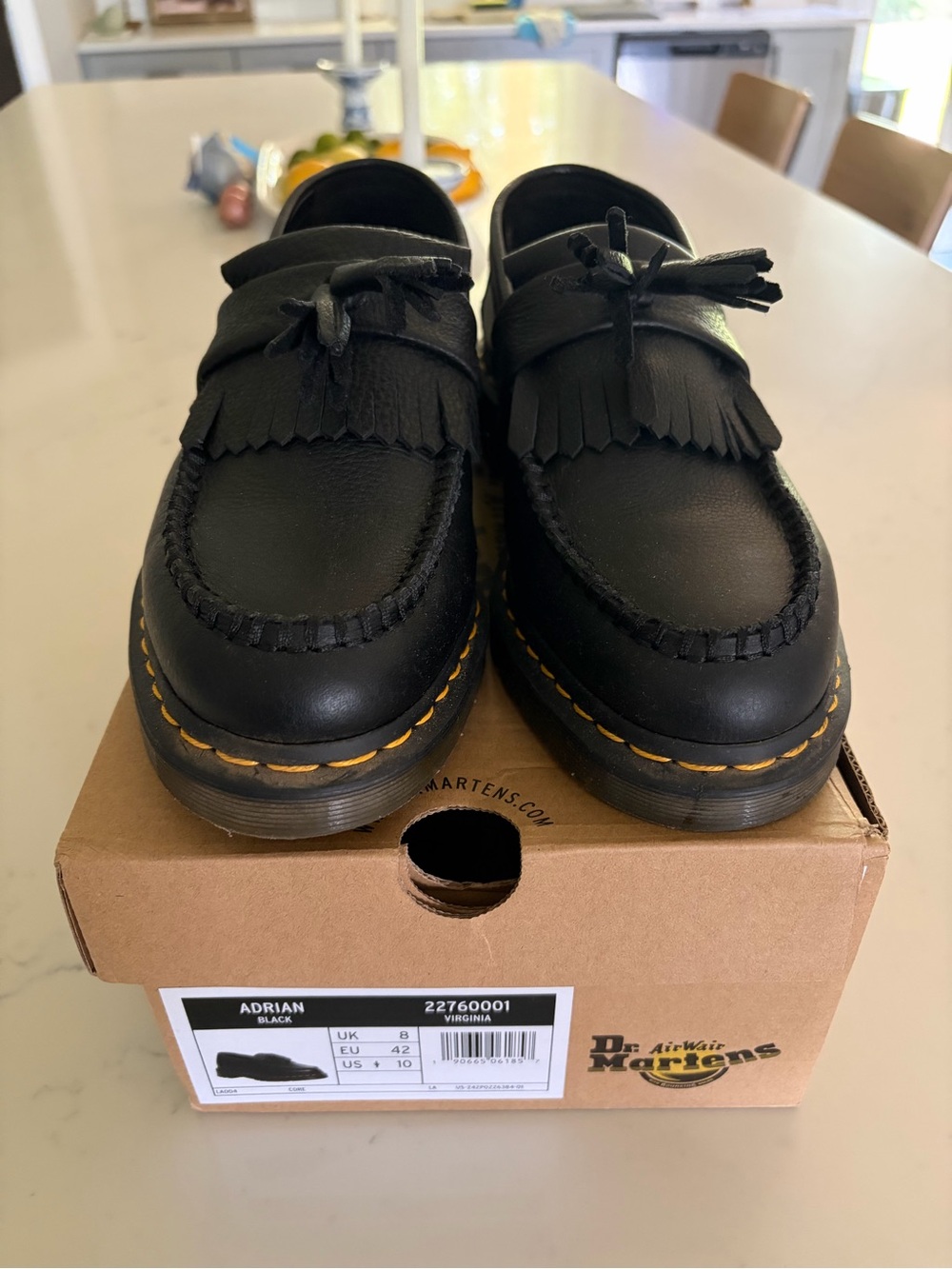 Dr. Martens Black Adrian Kiltie Tassel Loafers with Yellow Stitching